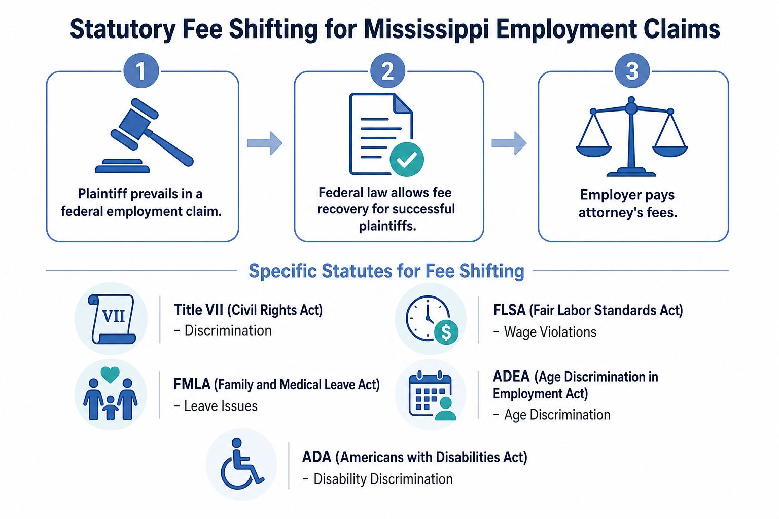 A diagram illustrating the process and statutes regarding statutory fee shifting for Mississippi employment law claims.
