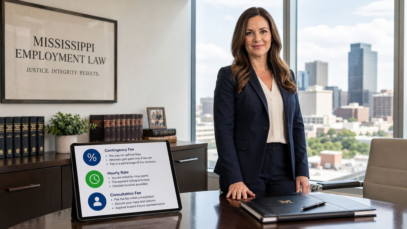 A professional employment lawyer stands in her office next to a tablet explaining legal service fee options.