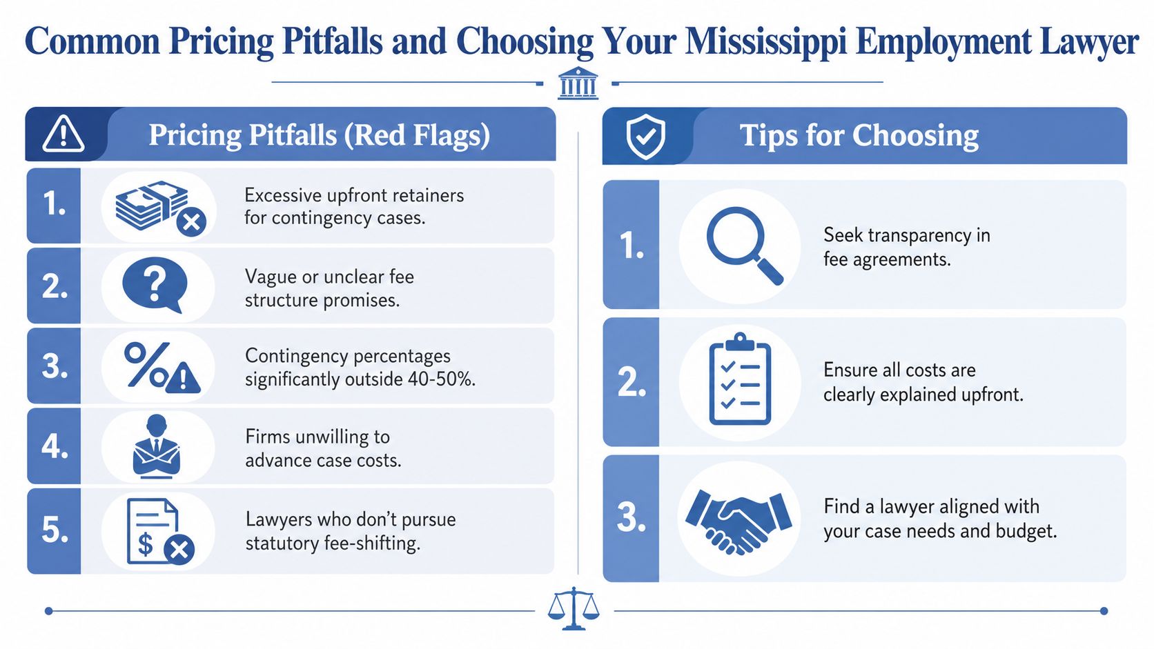 An infographic detailing common pricing pitfalls to avoid and helpful tips for choosing a Mississippi employment lawyer.