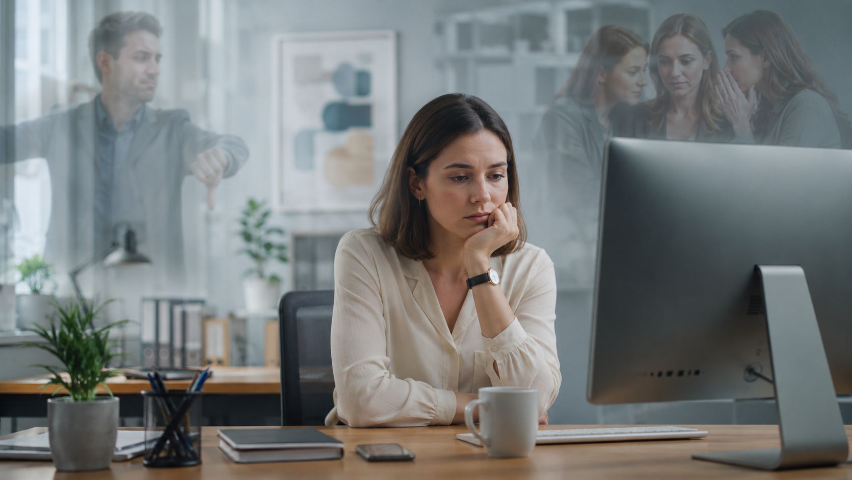 A professional woman sitting at her desk looking sad, surrounded by ghostly figures representing workplace bullying.
