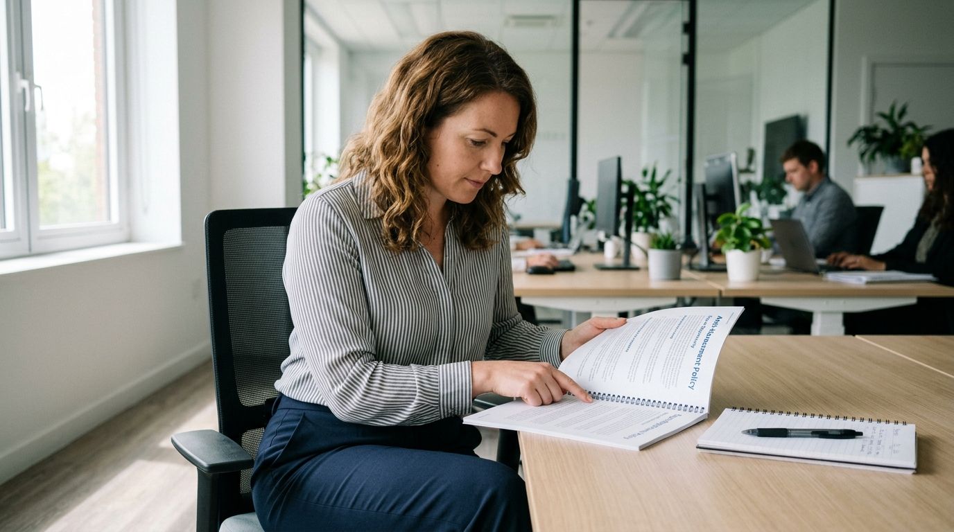 A professional woman reading an anti-harassment policy document while sitting at her desk in a modern office.