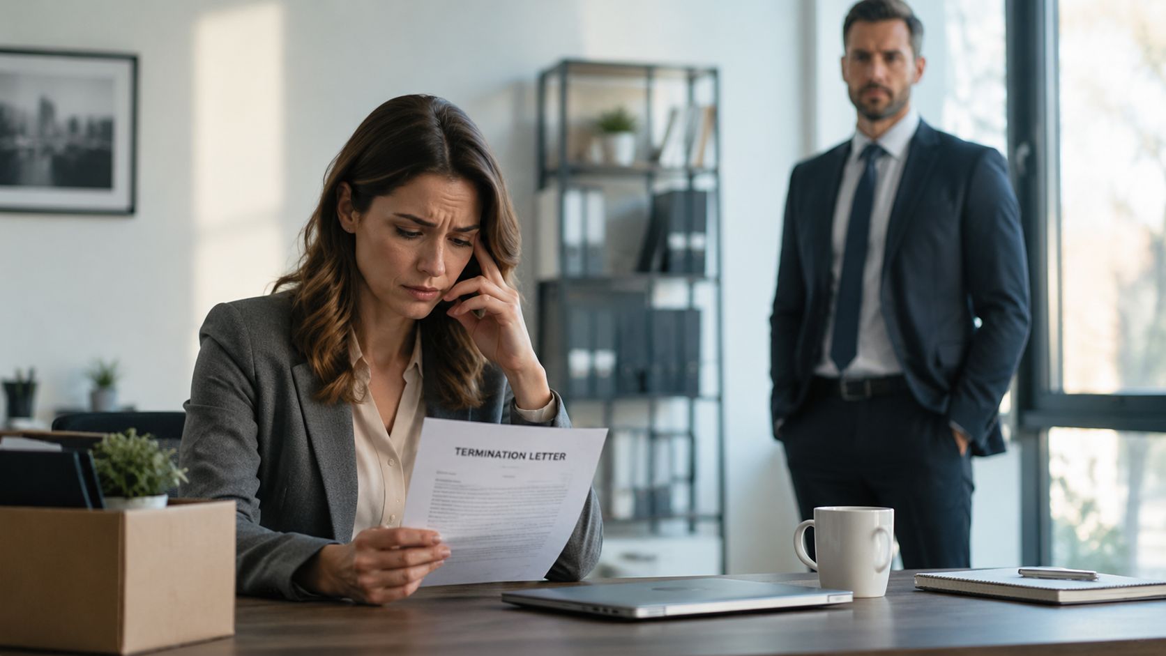 A distressed woman sits at a desk reading a termination letter while her boss stands behind her.
