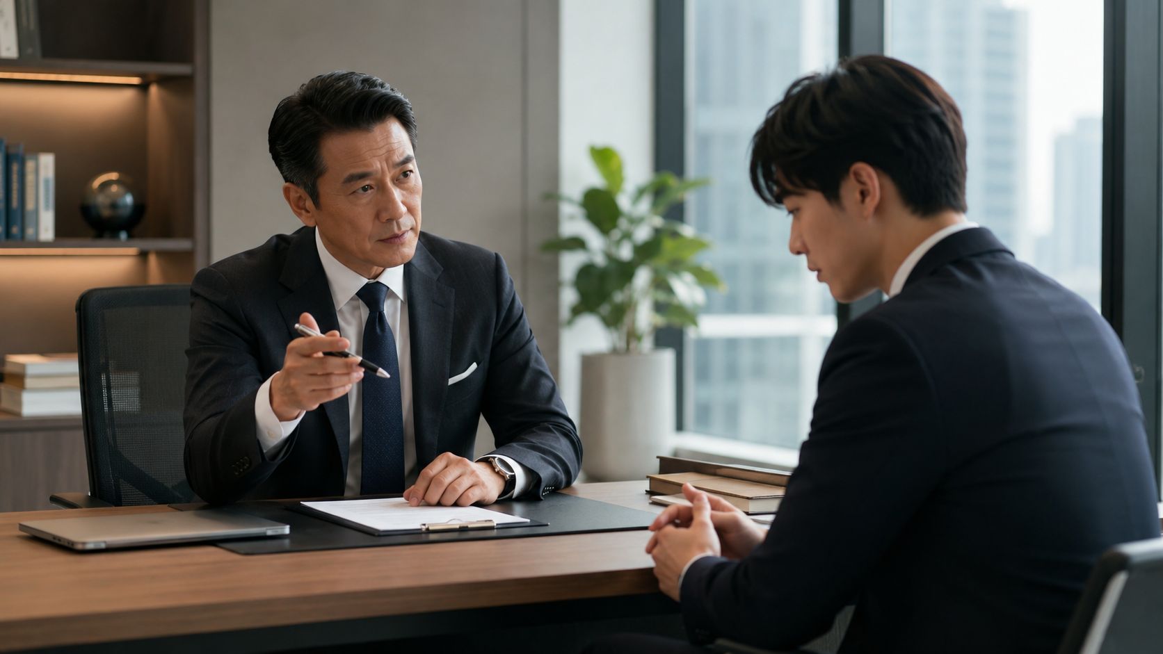 A professional manager in a suit talking to a younger employee during a formal office meeting.