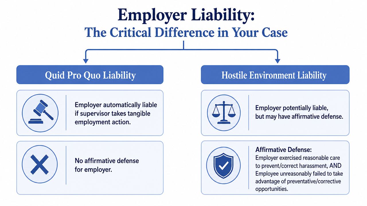 A chart comparing employer liability for quid pro quo harassment versus hostile work environment harassment claims.