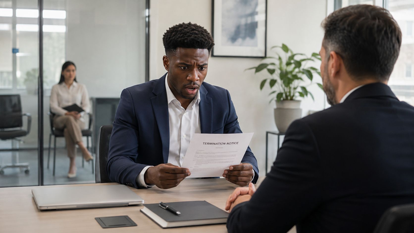 A shocked employee reads a termination notice while sitting across from his manager in an office.
