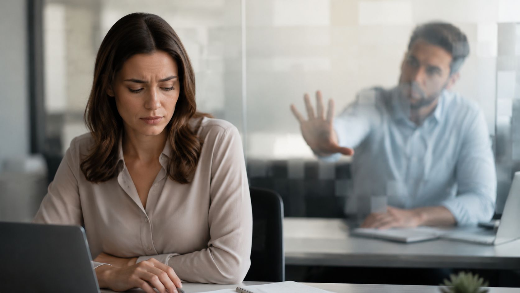 A concerned woman working at her desk while a man behind a glass partition gestures to stop.