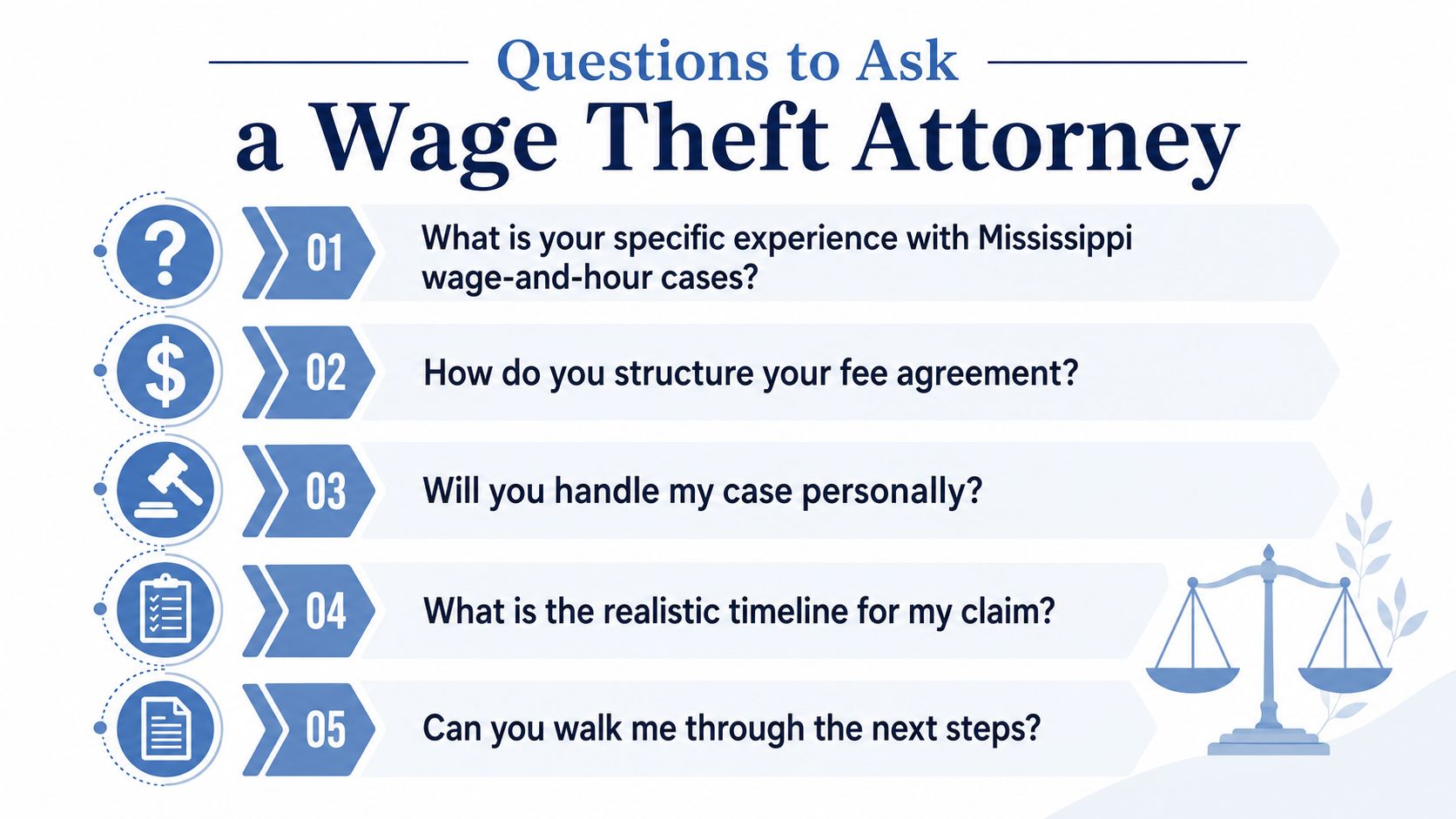 An infographic list of five important questions to ask a lawyer about wage theft cases.