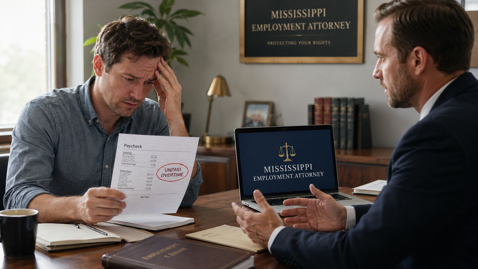 A distressed employee consulting with a Mississippi employment attorney regarding a paycheck with unpaid overtime.
