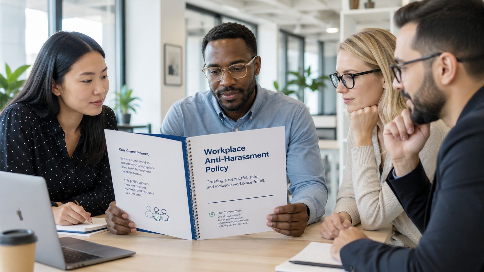 A diverse group of four colleagues gathered around a table reviewing a workplace anti-harassment policy document.