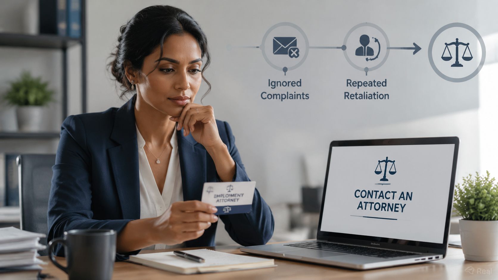 A professional woman looking at an employment attorney business card next to a laptop displaying legal services.
