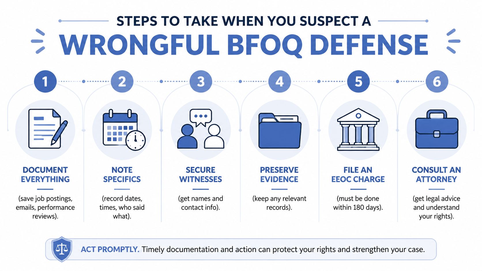 An infographic showing six numbered steps to take when suspecting a wrongful BFOQ defense in employment.
