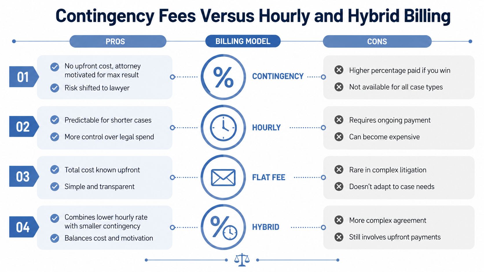 A comparison chart outlining the pros and cons of contingency, hourly, flat fee, and hybrid legal billing models.