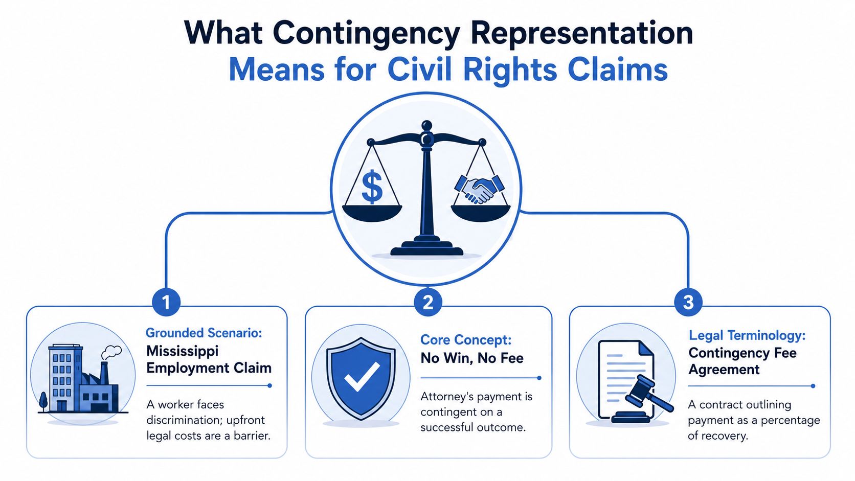 An infographic explaining contingency representation for civil rights claims with a scale, legal icons, and key concepts.