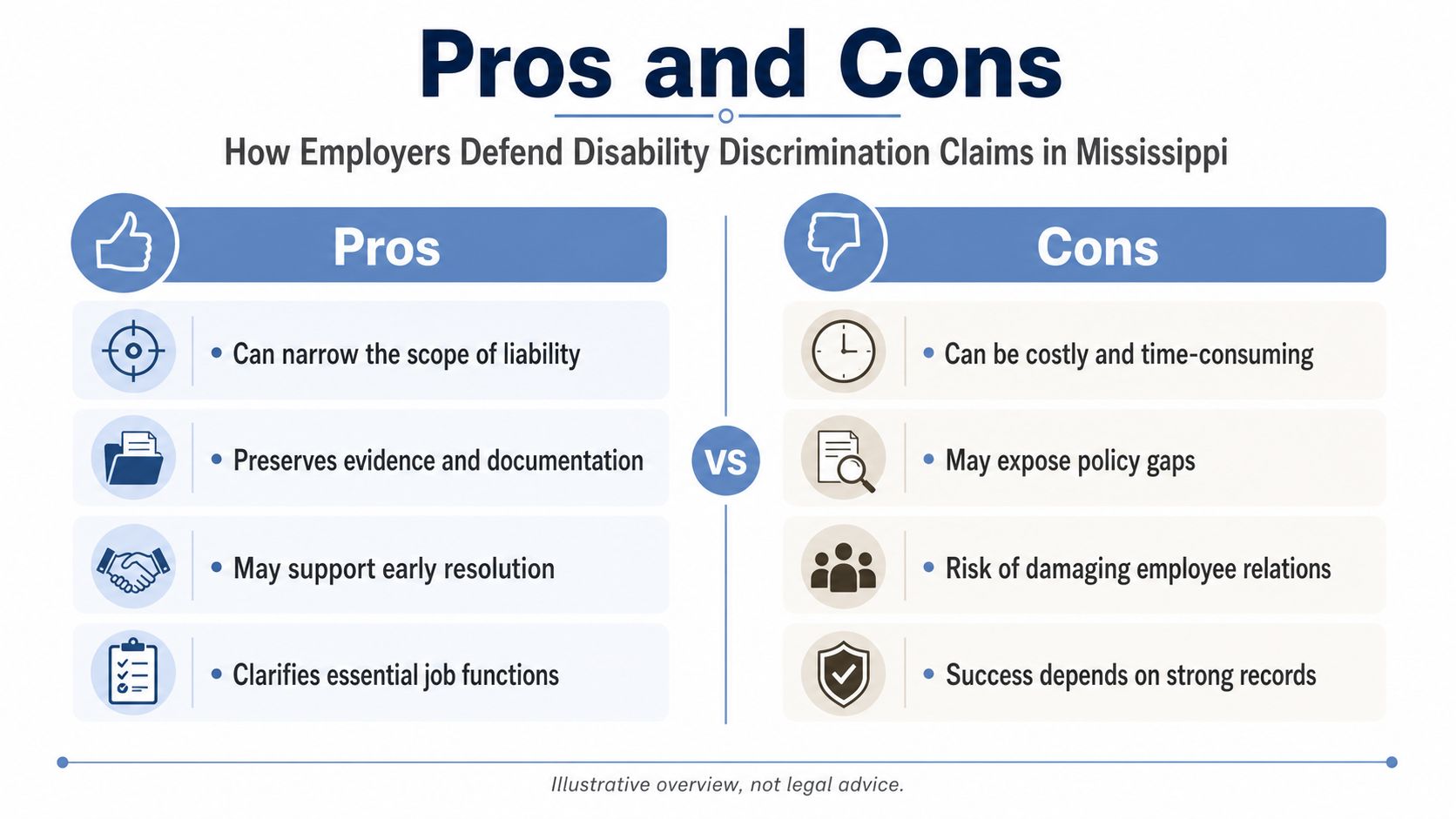 A pros and cons infographic explaining how employers defend disability discrimination claims in Mississippi.
