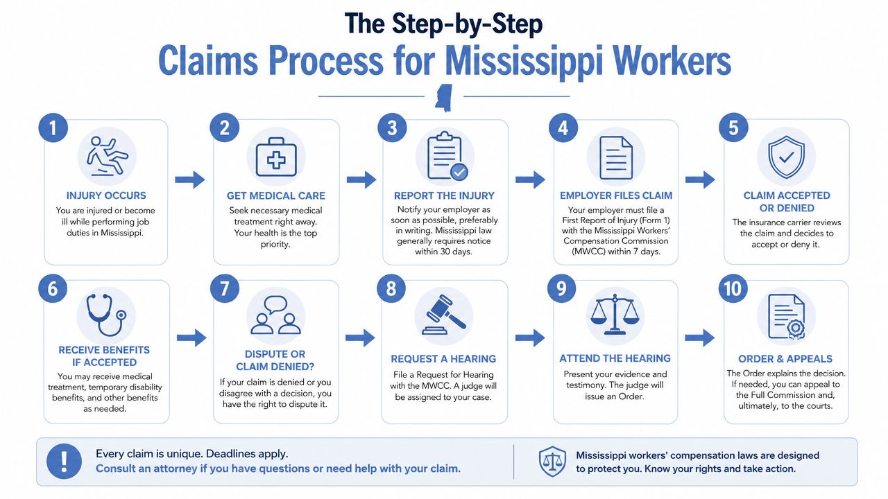 A ten-step infographic outlining the workers' compensation claims process for employees injured in Mississippi.