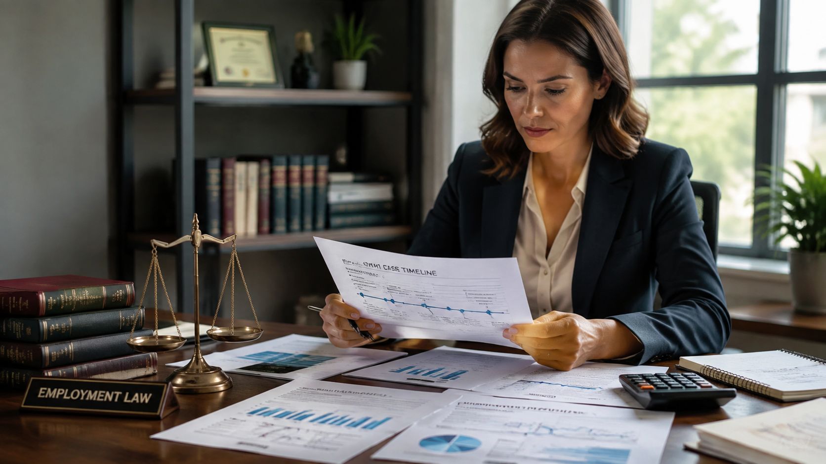 A professional female attorney analyzing case documents at her desk in a modern law office.