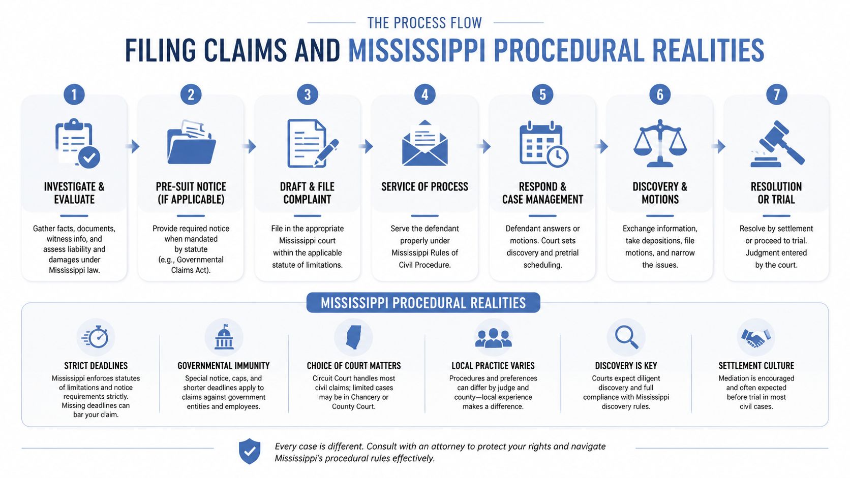A flowchart detailing the seven steps of filing civil legal claims within the Mississippi court system.