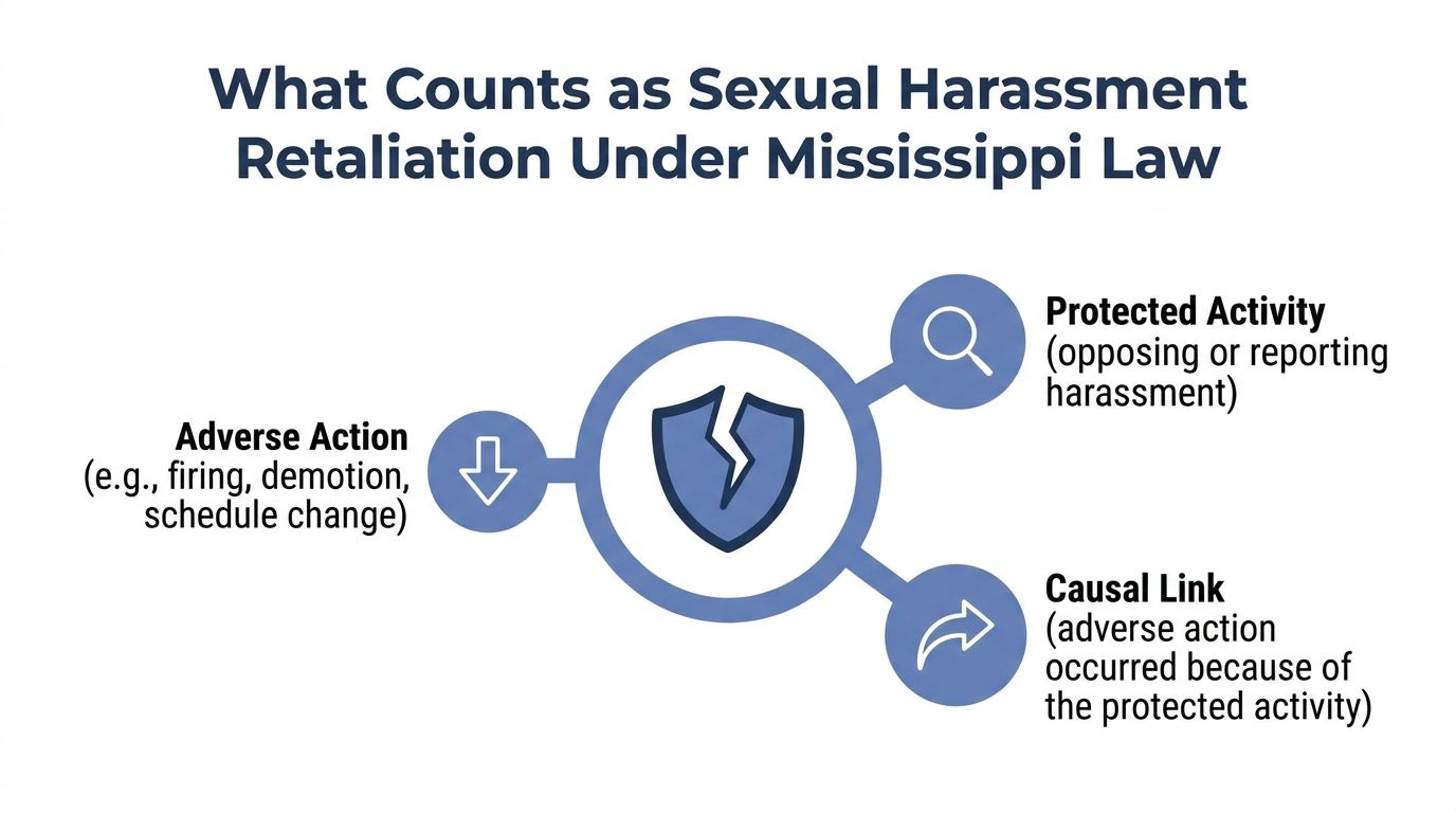 A diagram outlining the three components of sexual harassment retaliation under Mississippi law including adverse actions.