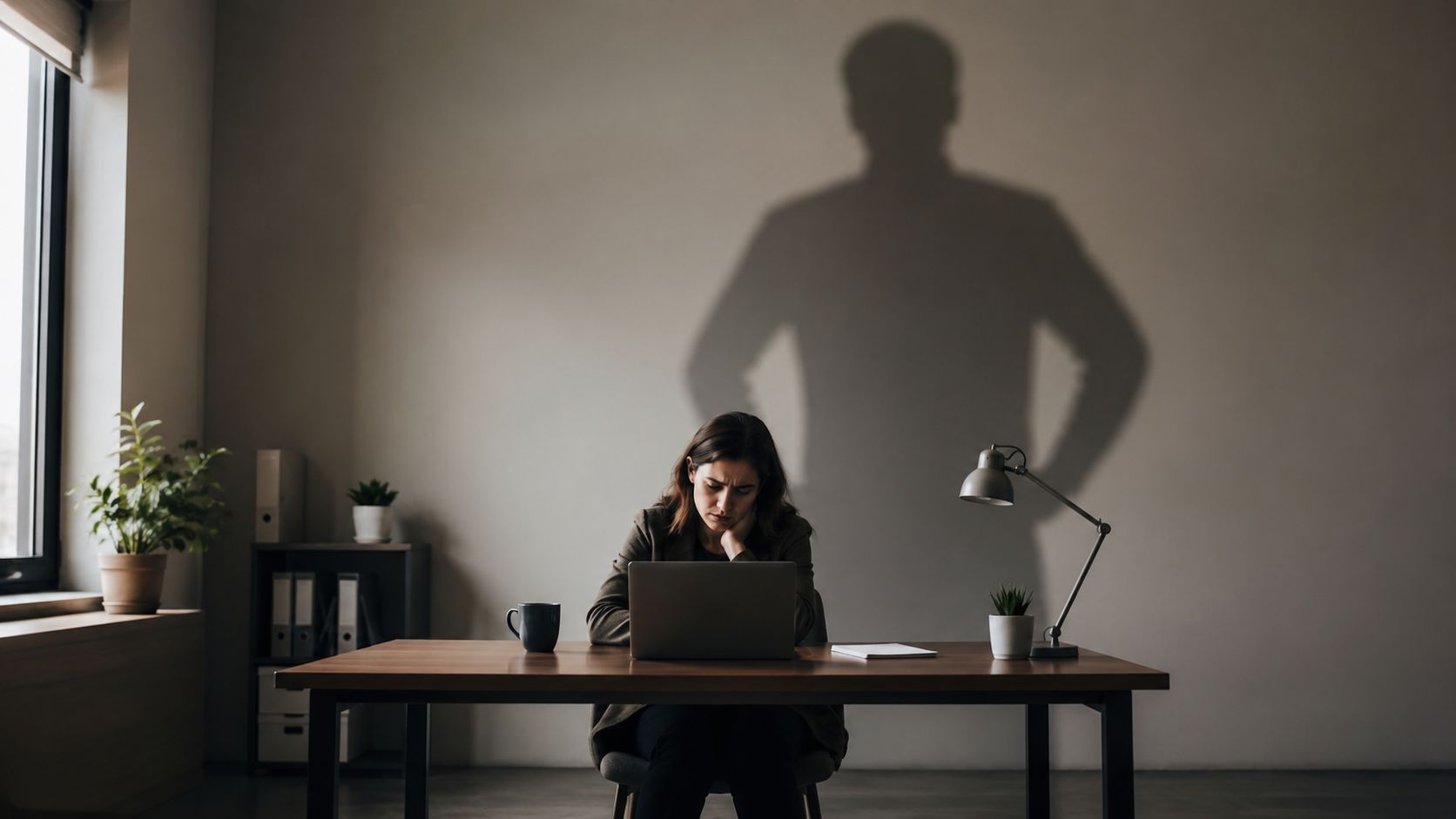 A stressed woman working on her laptop while a looming silhouette shadow stands threateningly behind her.