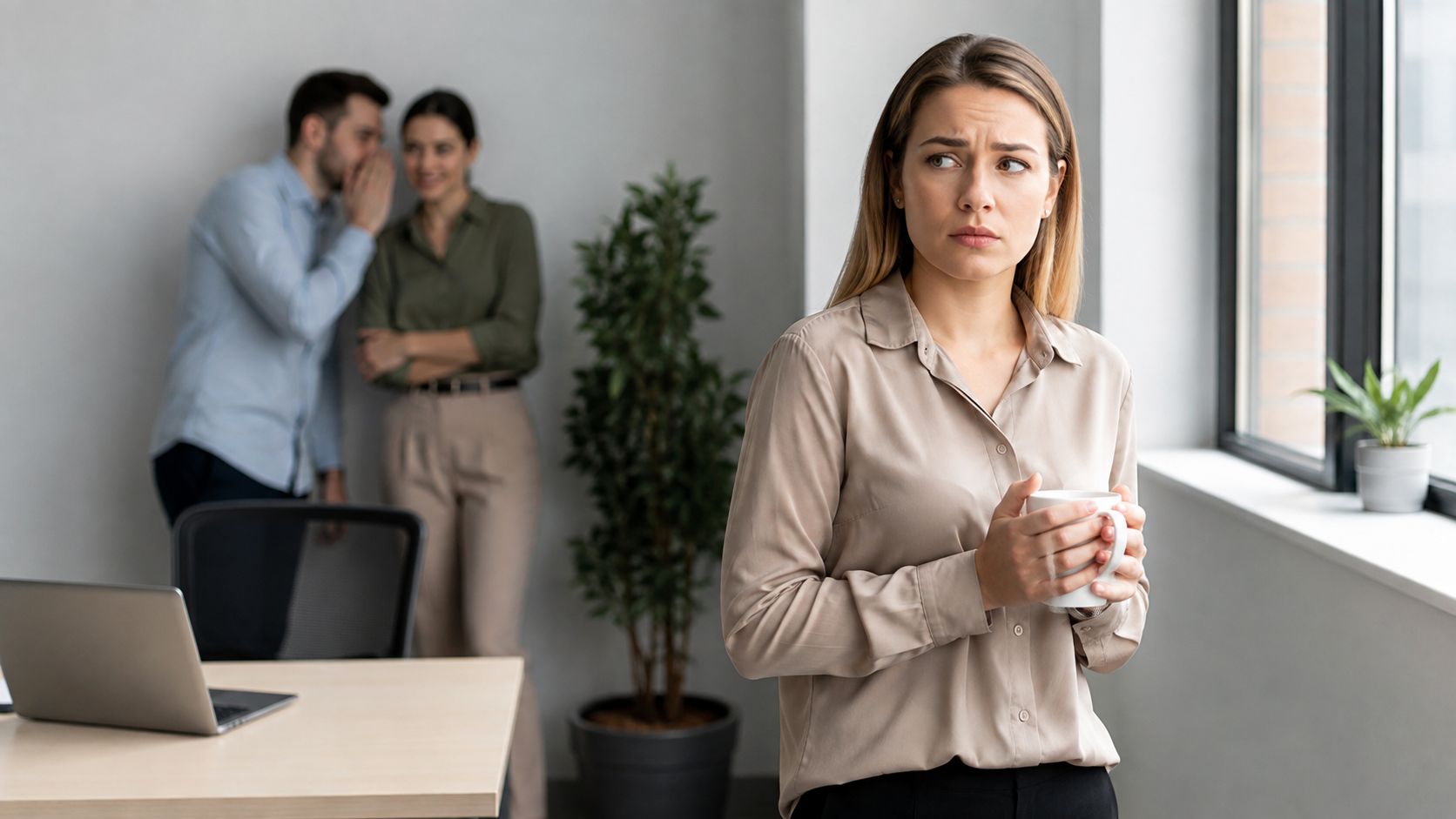 A worried woman holding a coffee cup while two coworkers gossip in the office background.
