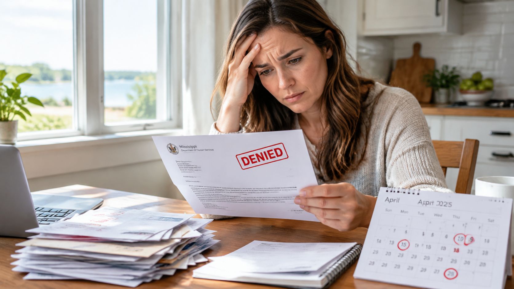 A distressed woman sits at a wooden table looking at a denied document while surrounded by paperwork.
