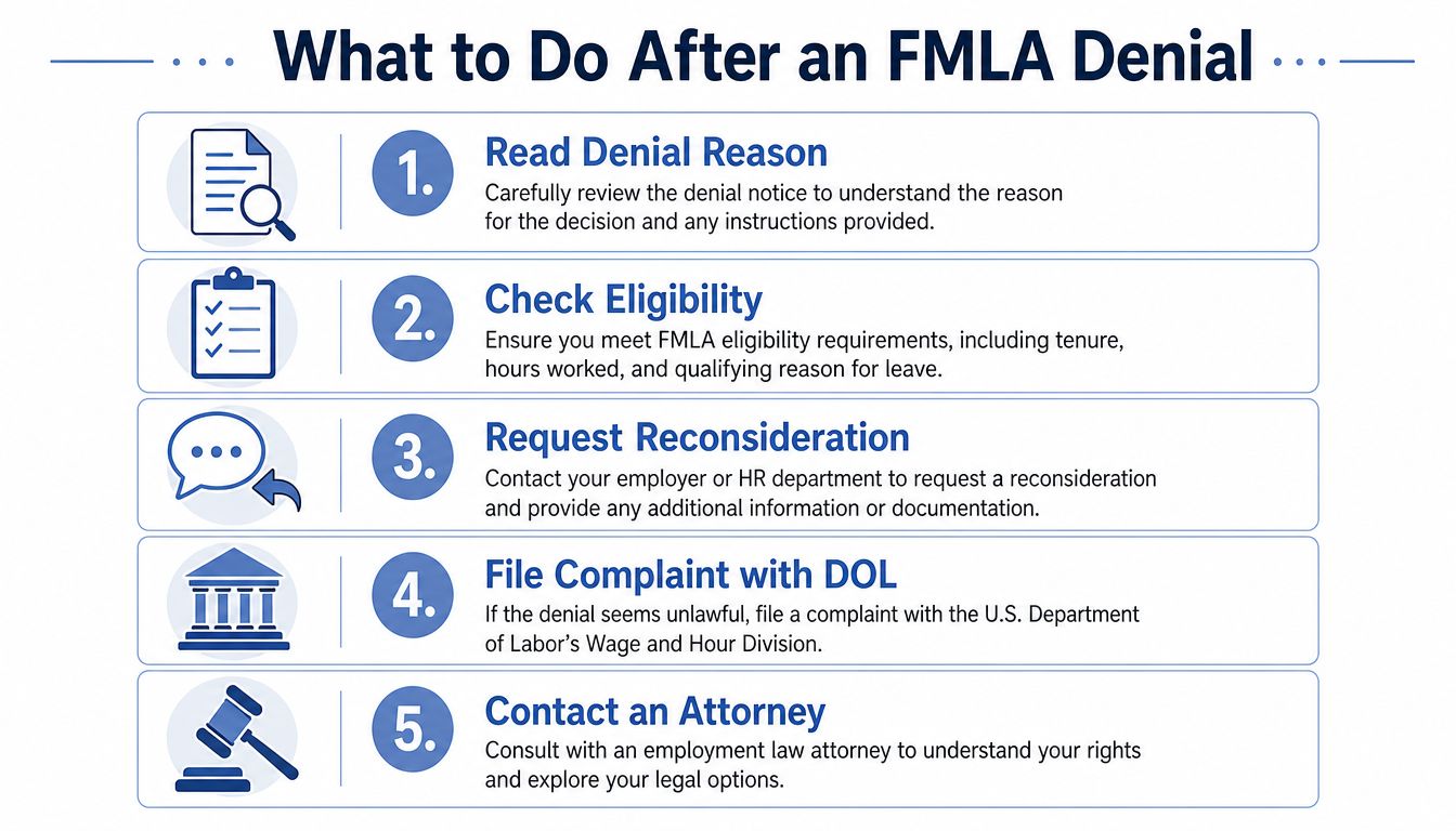 A five-step guide on what actions to take after receiving a denial of FMLA leave.
