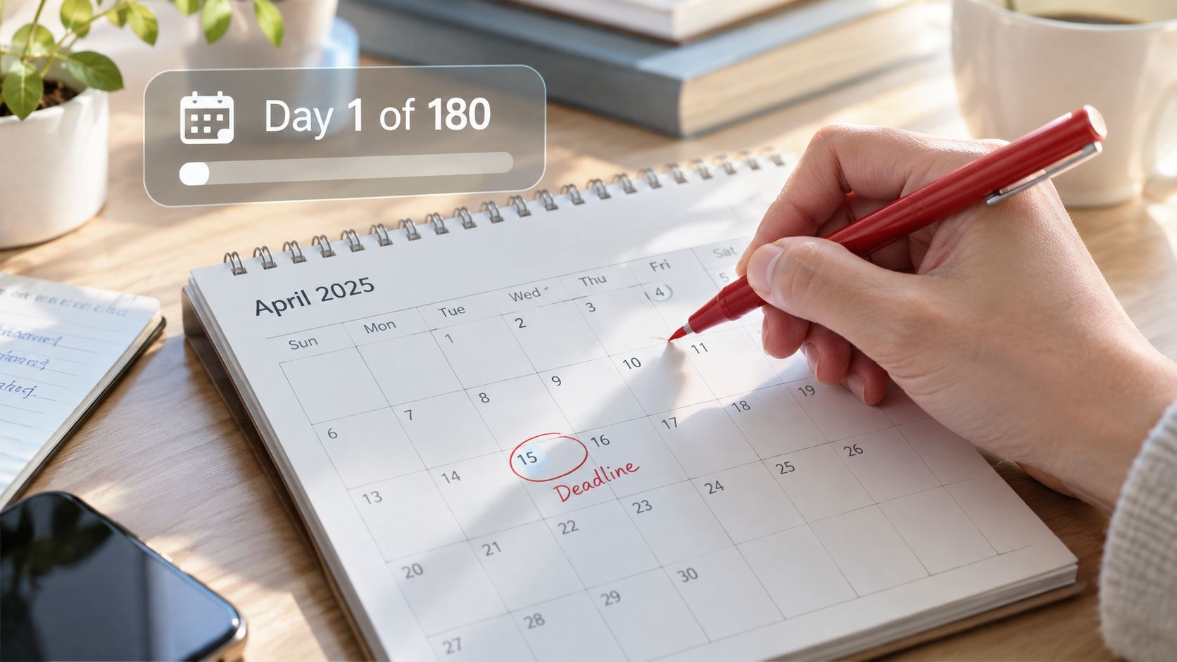 A hand writes on an April 2025 calendar with a red pen, highlighting the deadline date.
