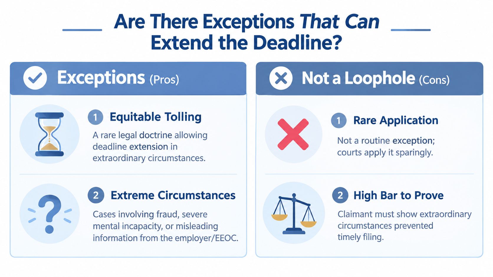 An infographic titled Are There Exceptions That Can Extend the Deadline illustrating the pros and cons of equitable tolling.
