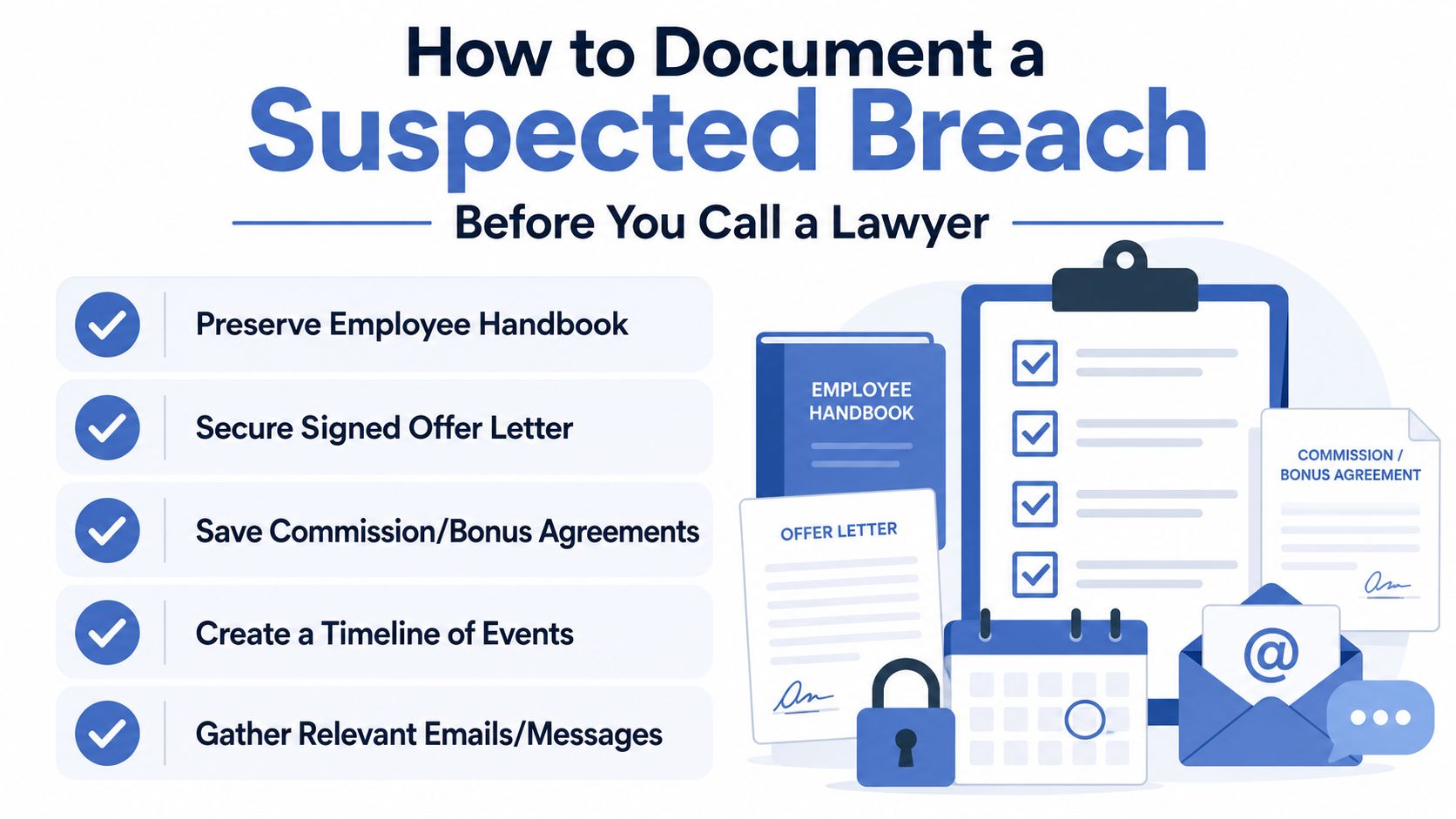 A graphic illustration detailing steps to document a suspected breach before consulting with an attorney.