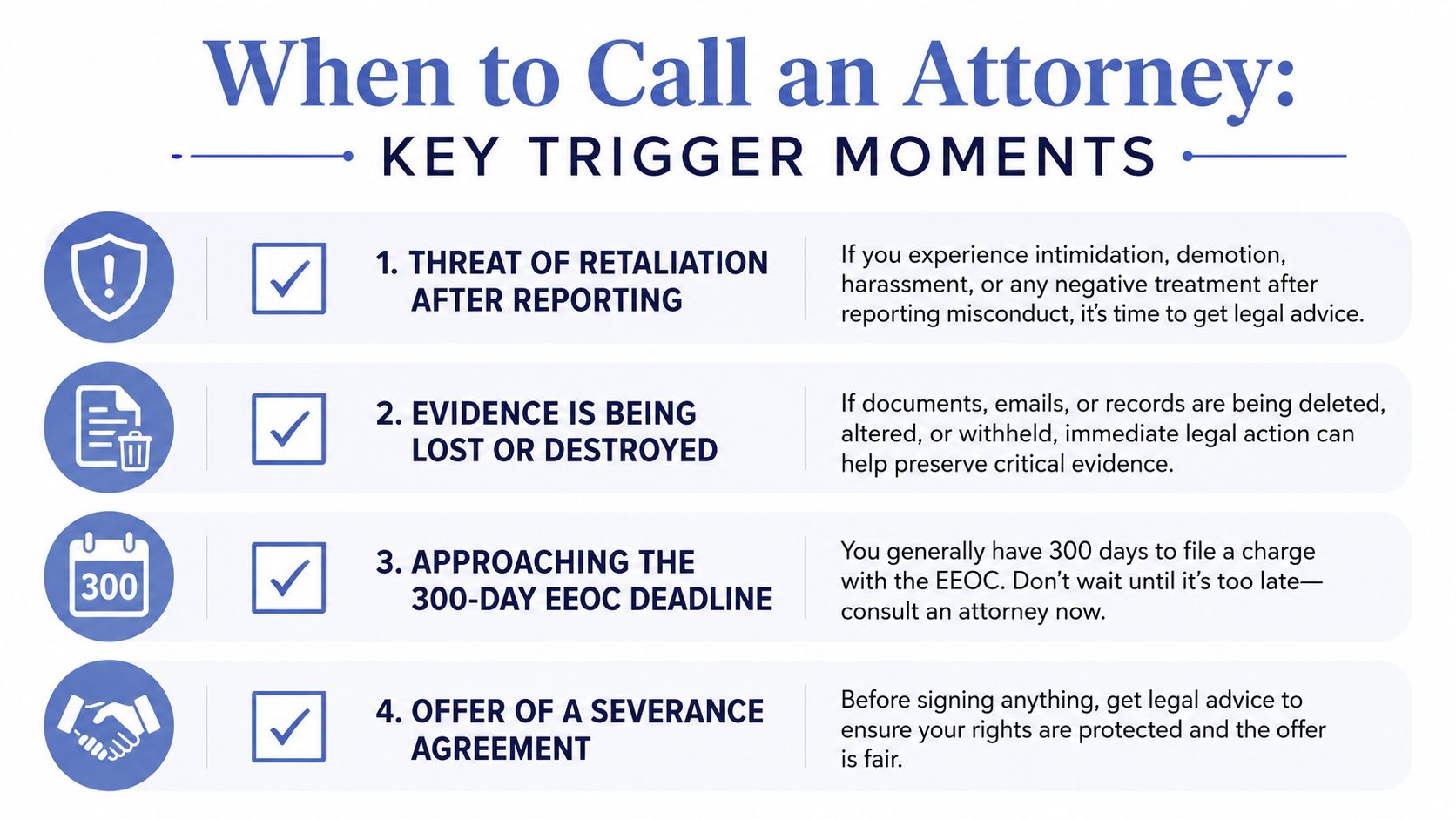 An infographic titled When to Call an Attorney highlighting four key trigger moments for seeking legal advice.