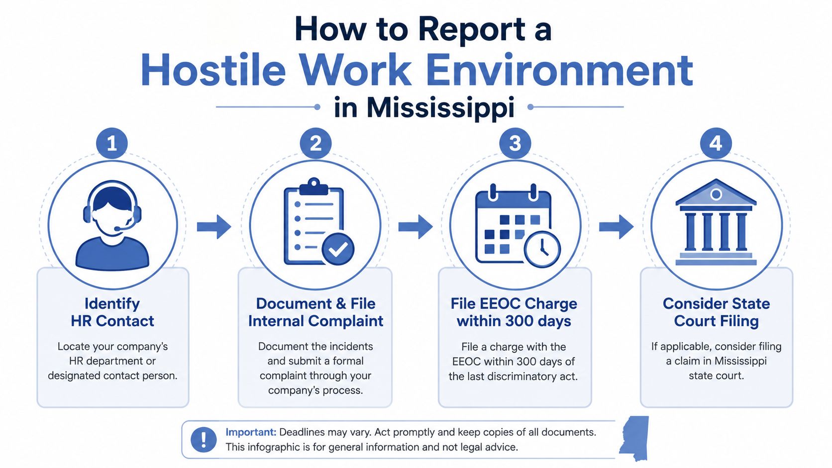An infographic showing four steps to report a hostile work environment in Mississippi state.