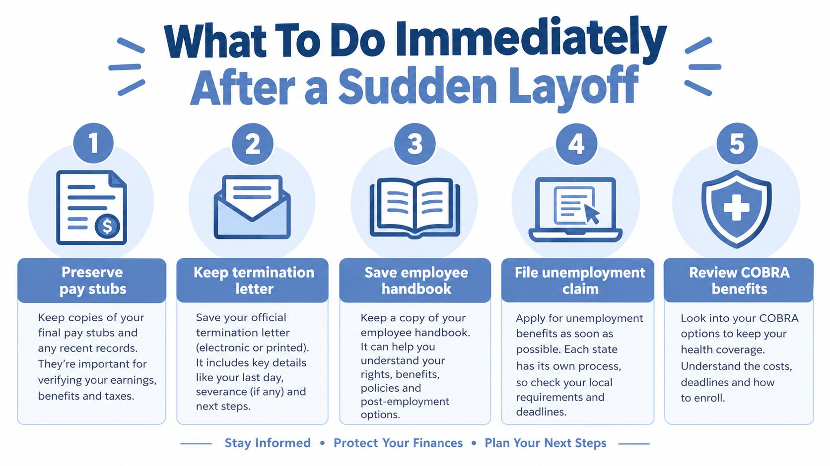 An infographic titled What To Do Immediately After a Sudden Layoff outlining five essential steps for employees.