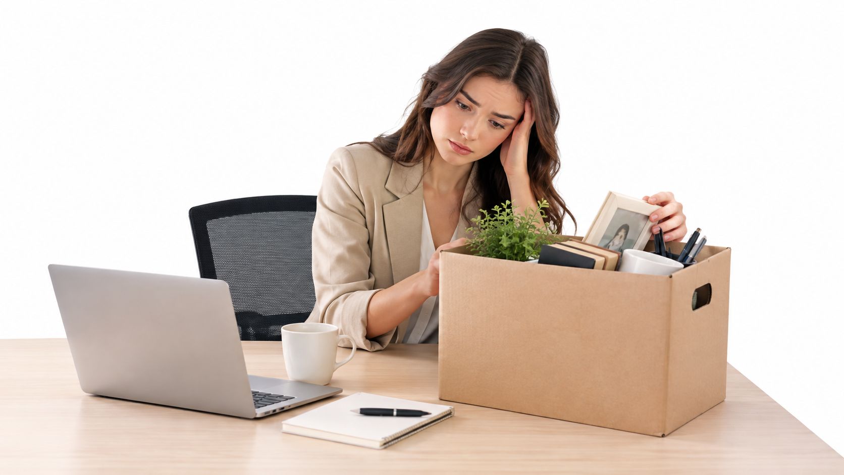 A sad woman sitting at a desk with a laptop and a cardboard box full of belongings.