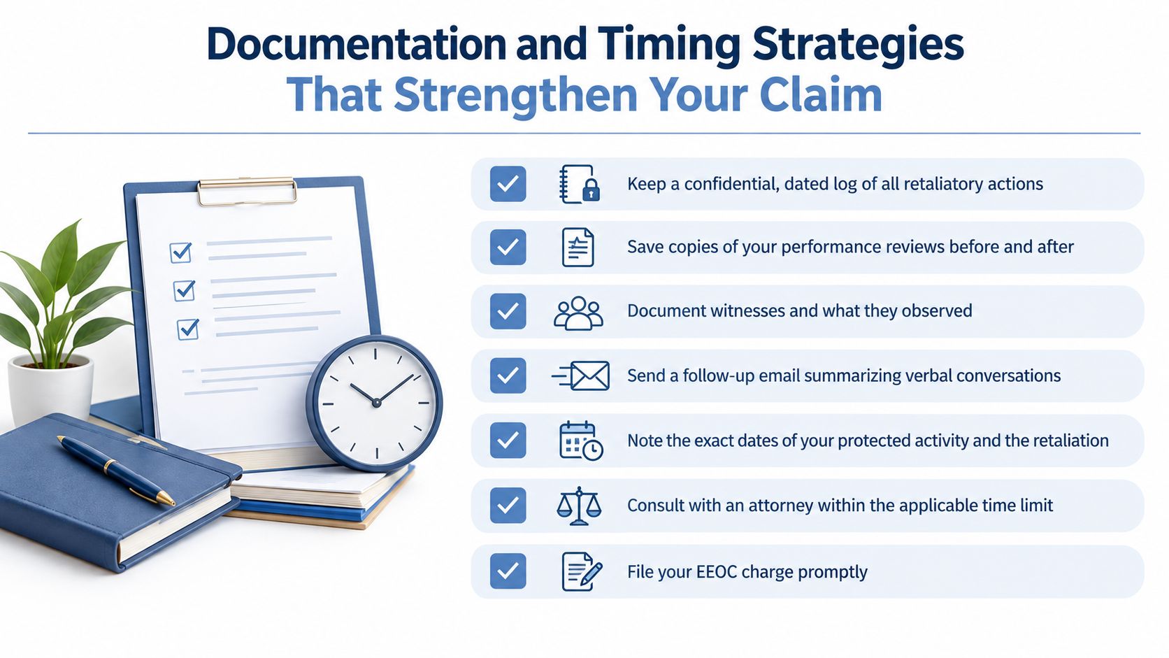 An infographic titled Documentation and Timing Strategies That Strengthen Your Claim, outlining seven key steps for documenting workplace retaliation.