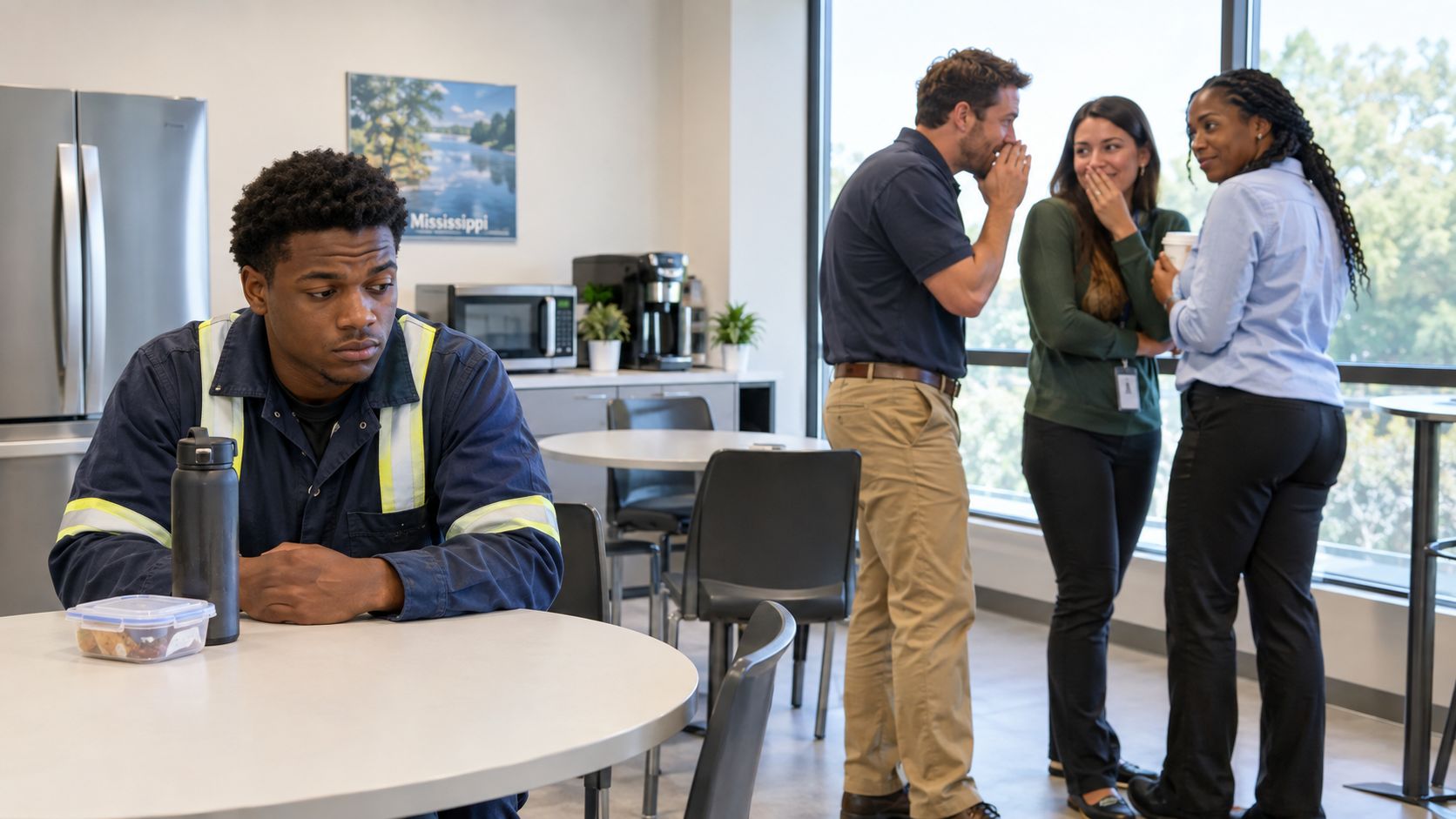 A lonely employee sitting at a table while three colleagues whisper and gossip in the background.