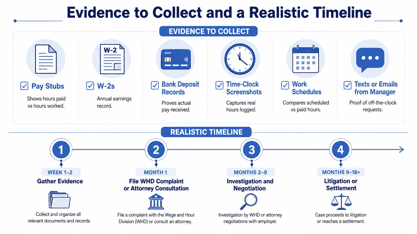 An infographic detailing the documents needed to collect and the typical legal timeline for wage violation cases.