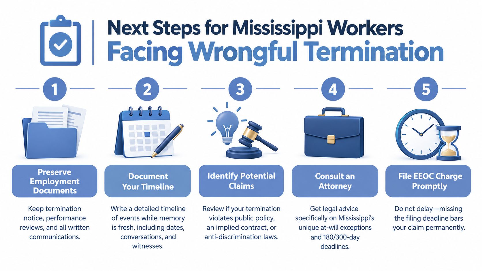 A five-step infographic outlining essential actions for Mississippi workers dealing with a wrongful termination case.
