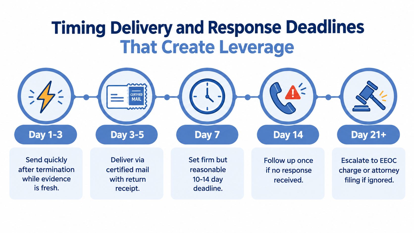A timeline graphic illustrating the timing and response deadlines for sending a wrongful termination demand letter.