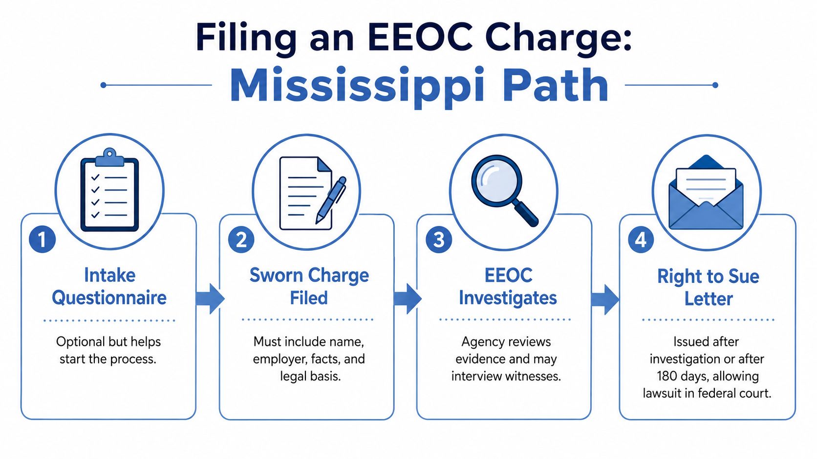 A four-step infographic illustrating the Mississippi EEOC charge filing process for workplace discrimination claims.