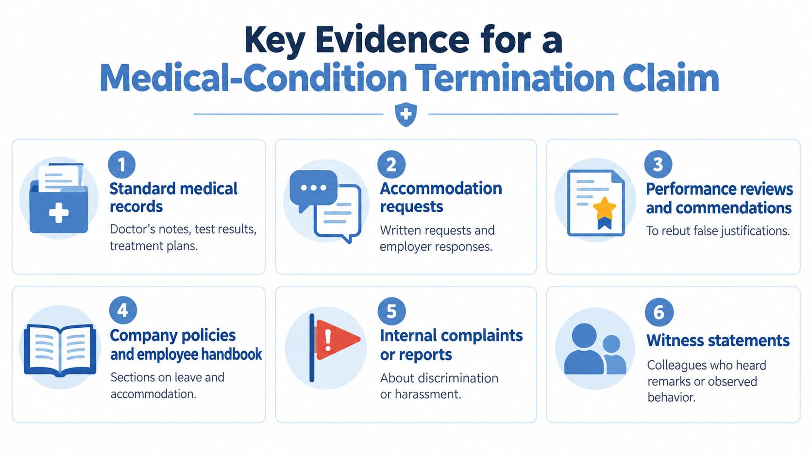An infographic titled Key Evidence for a Medical-Condition Termination Claim, detailing six types of necessary workplace documentation.
