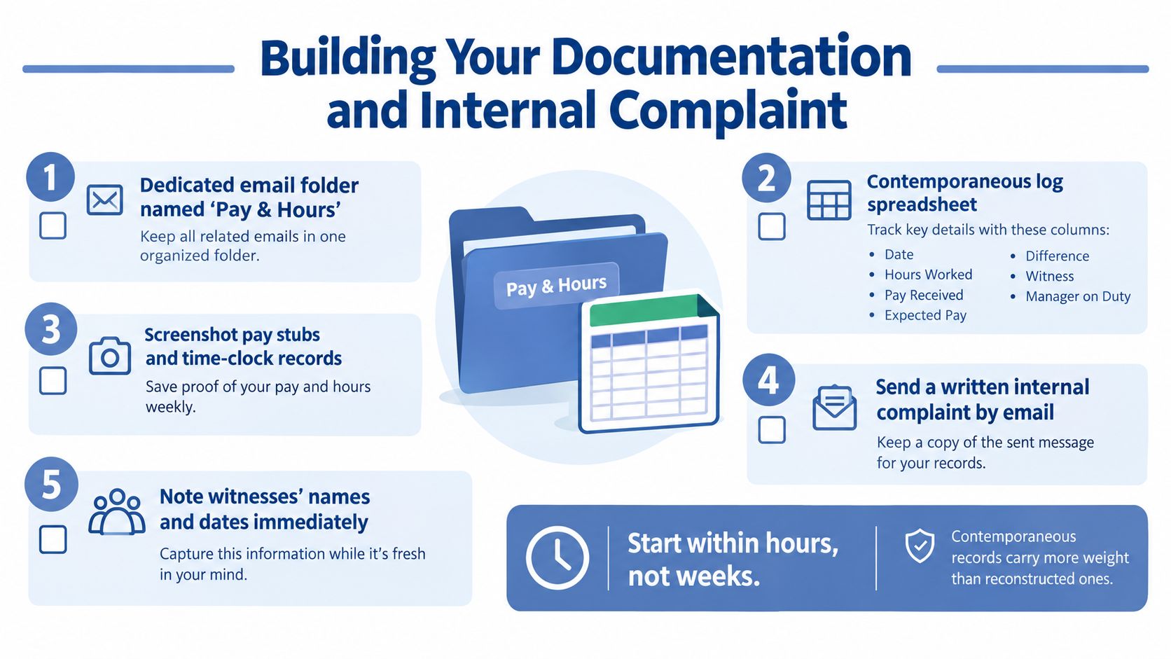 An infographic showing five steps for salaried employees to document pay and hours for an internal complaint.