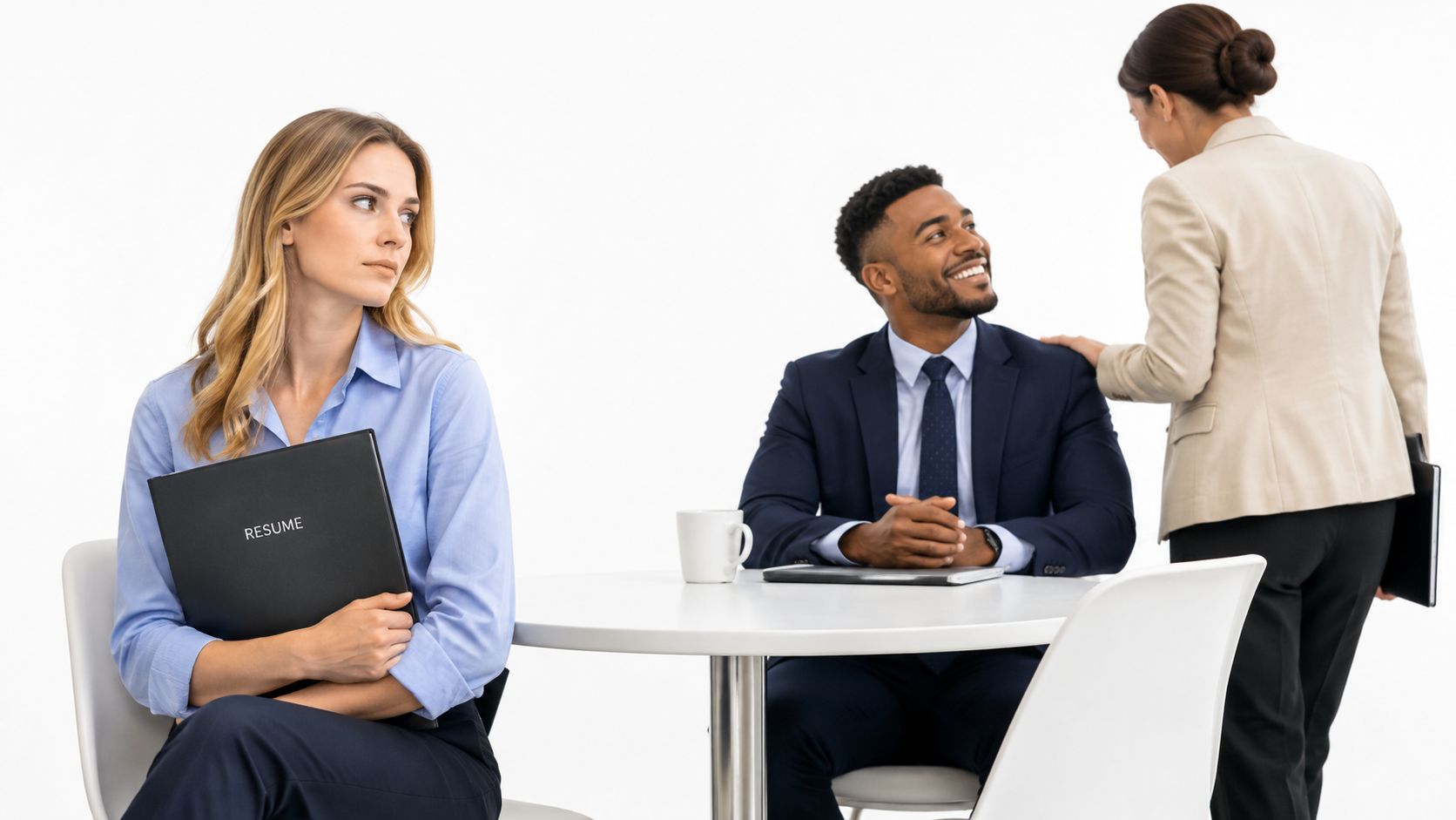 A woman holding a resume looks concerned while a man interacts with another coworker in an office.