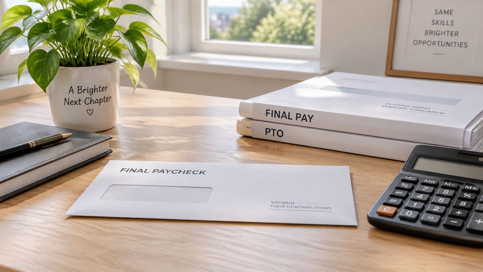 A wooden office desk featuring a final paycheck envelope, employment documents, and a calculator near a window.