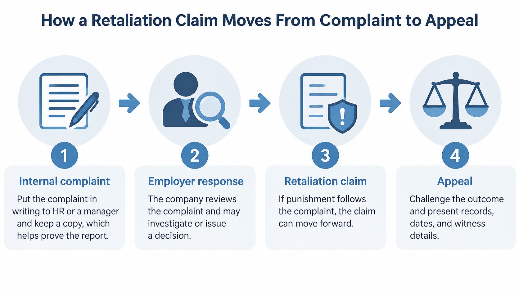 A four-step infographic illustrating the process of filing a retaliation claim from internal complaint to appeal.