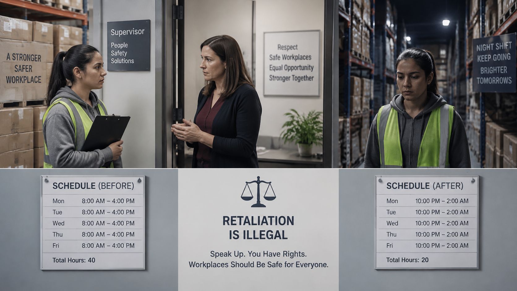 An employee faces work hour reduction as potential retaliation after speaking with a supervisor in a warehouse.