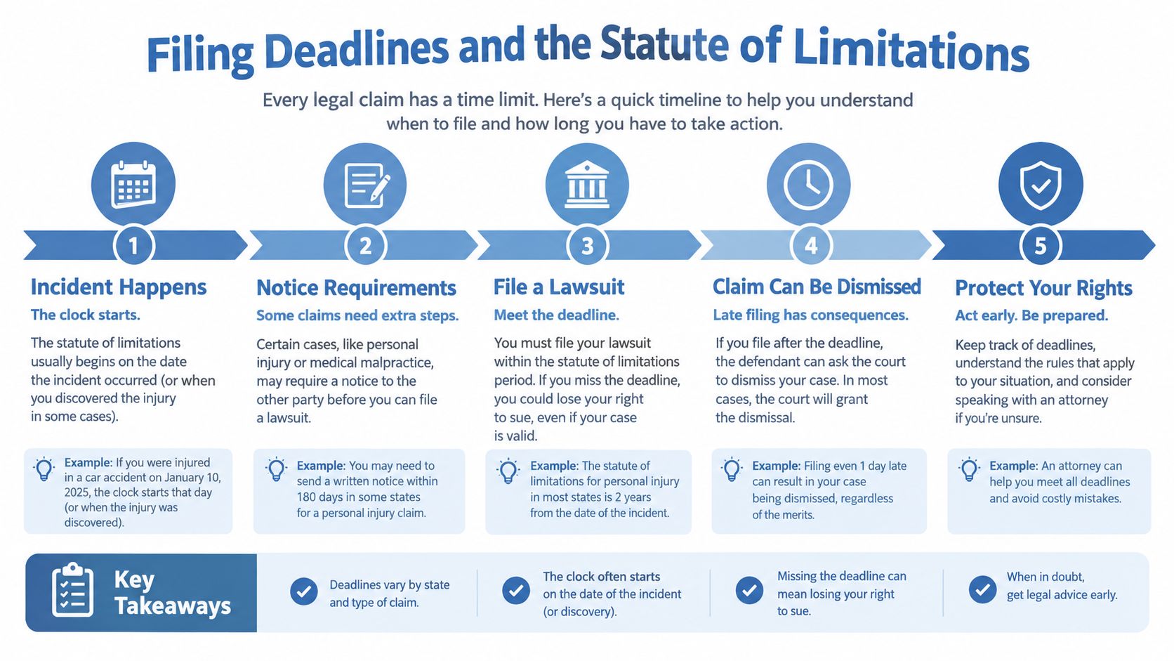 A five-step infographic explaining filing deadlines and the statute of limitations for legal claims.