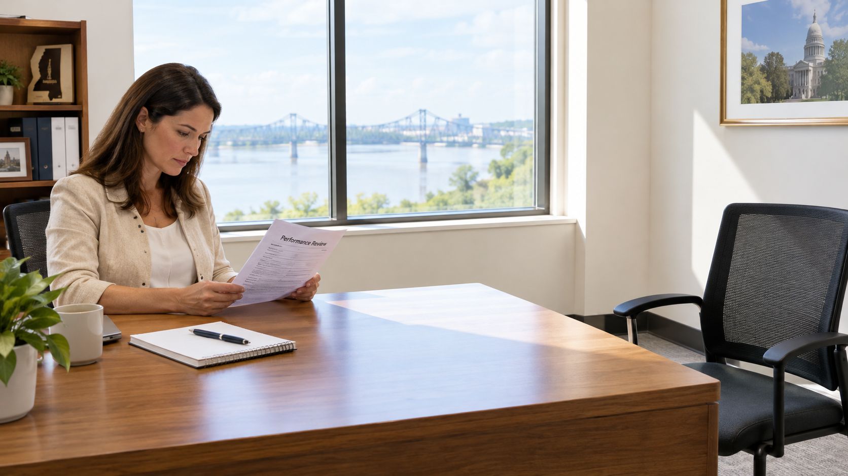 A professional woman reading a performance review document at her desk in a modern office.