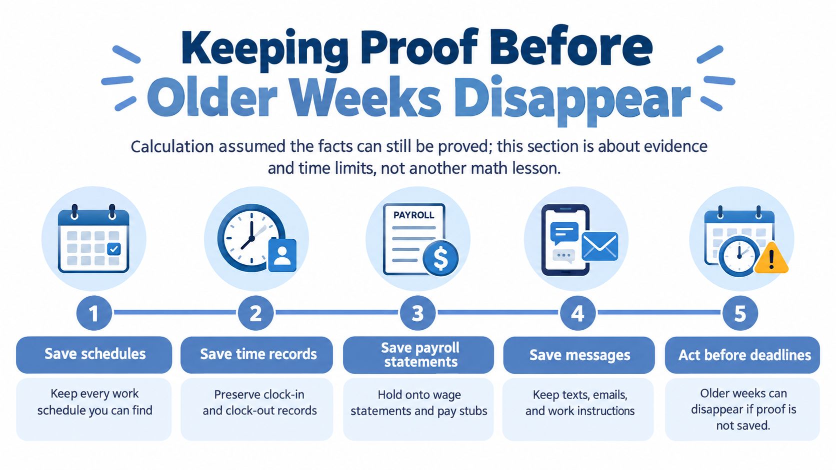 An infographic titled Keeping Proof Before Older Weeks Disappear outlining five steps to document and save work records.