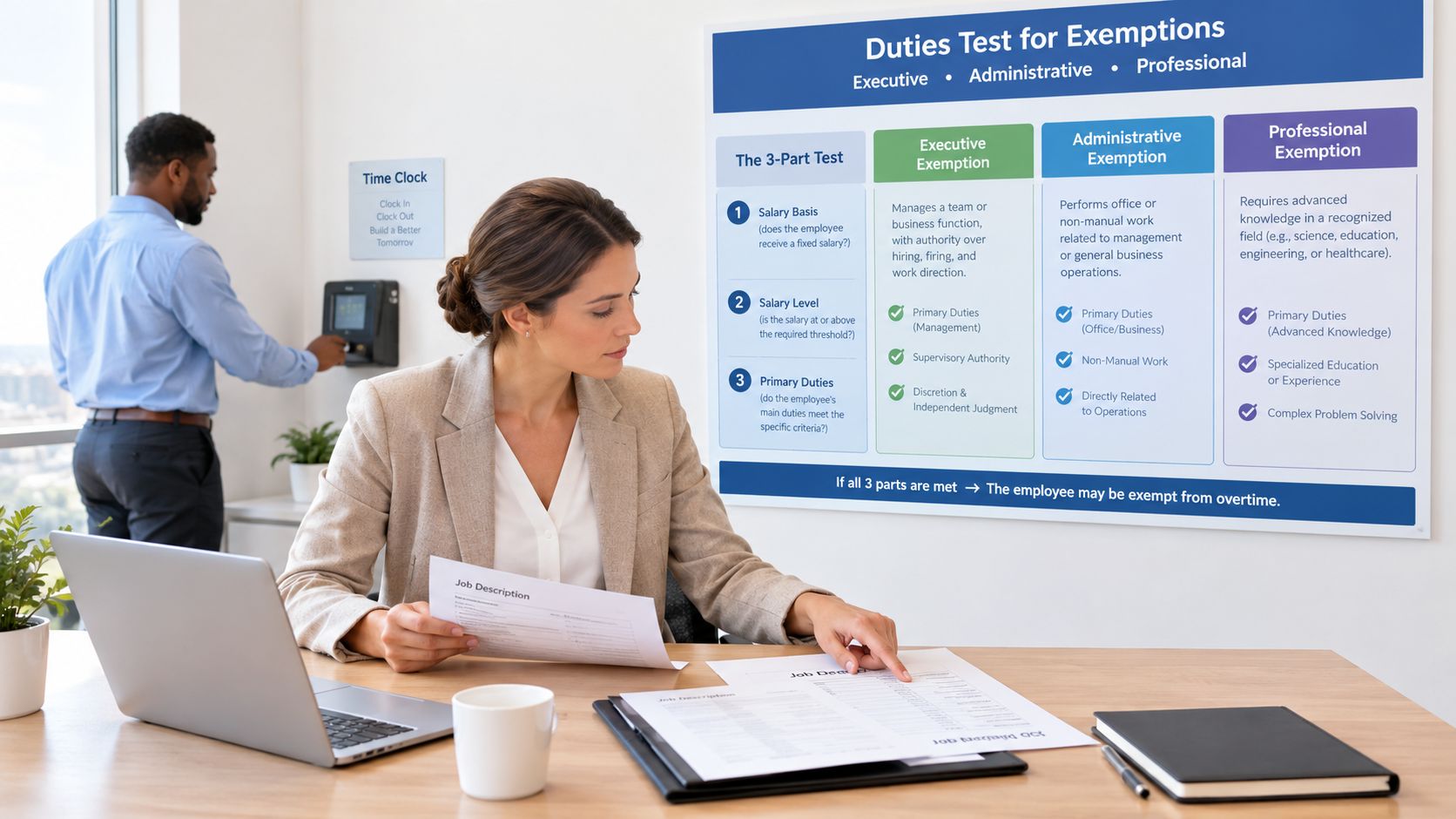 A professional woman at a desk analyzing job descriptions while a man clocks in nearby in an office.