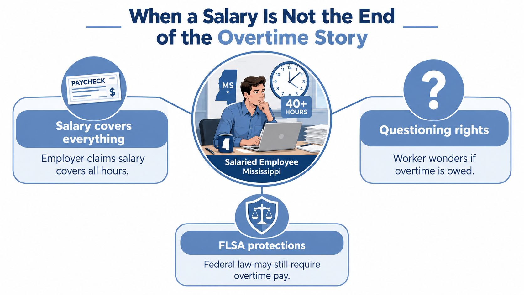 An infographic illustrating that salaried workers in Mississippi may be entitled to overtime pay under FLSA protections.